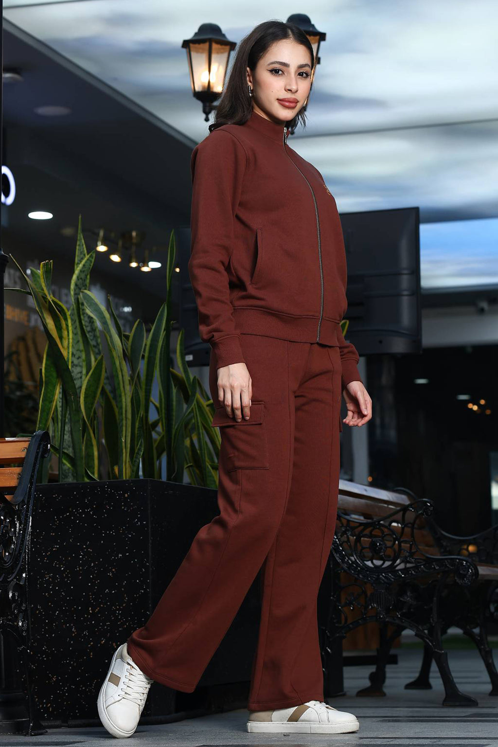 ONE SKY Women's Embroidered & Typographic Tracksuit | Cotton Blend Zipper Jacket with Mock Collar & Drawstring Pants | 6 Pockets | Pleated Design