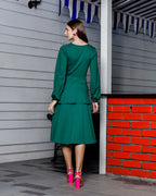 Women's Chic Balloon Sleeve Knee-Length Green Dress with Front Cut-Out and Tie