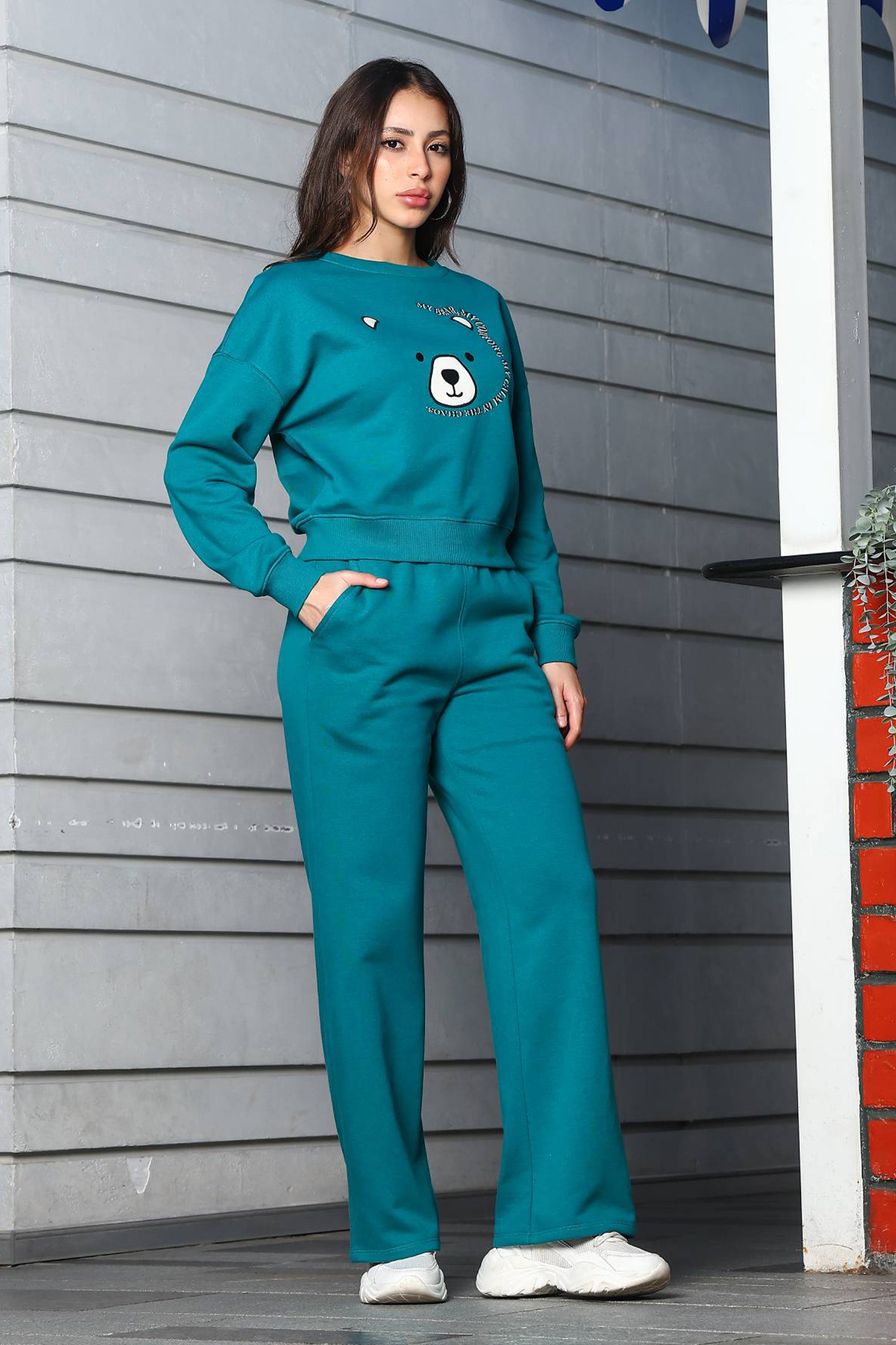 ONE SKY Women's Embroidered & Typographic Round Neck Tracksuit | Cotton Blend Long Sleeve Top & Mid-Rise Drawstring Flat Front Pants | 2 Pockets