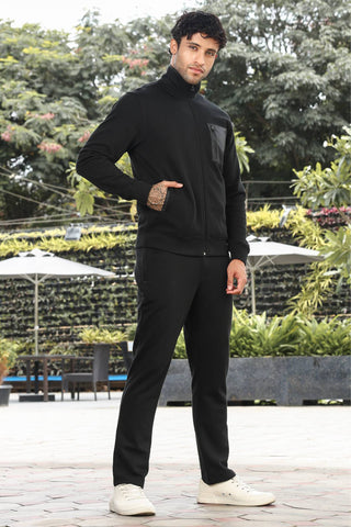 Men’s Solid Tracksuit Set | Mock Collar Zip-Up Jacket with 3 Pockets & Slip-On Joggers | Cotton Blend | Mid-Rise Flat Front | Long Sleeves | Casual Athleisure Wear