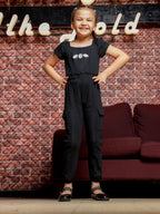 Girls Black Jumpsuit With Floral Print with Pocket