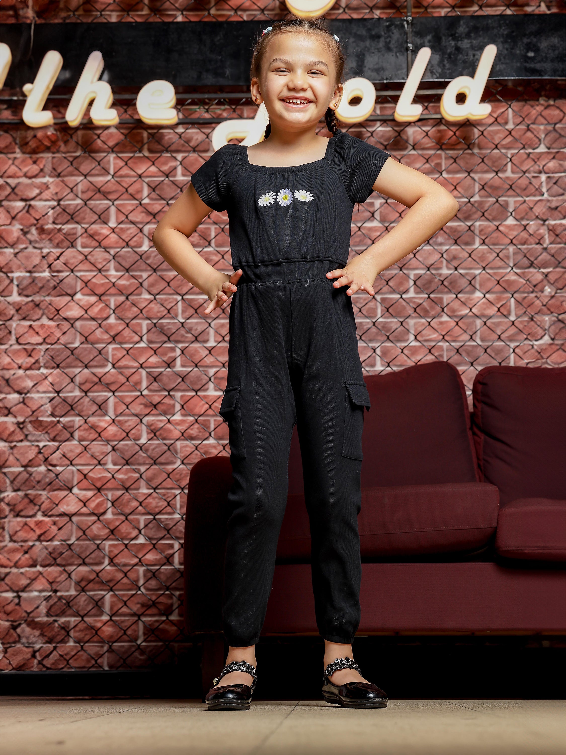 Girls Black Jumpsuit With Floral Print with Pocket