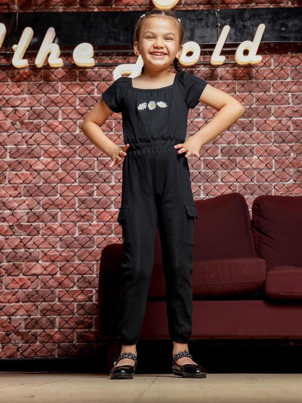 Girls Black Jumpsuit With Floral Print with Pocket