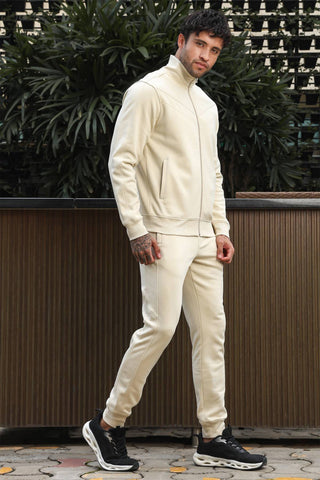 Men’s Solid Tracksuit Set | Cotton Blend Mock Collar Zip-Up Jacket & Slip-On Joggers | Mid-Rise Flat Front | 4 Pockets | Long Sleeves | Casual Athleisure Sportswear