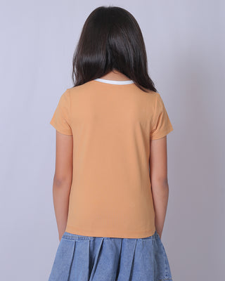 Girls Beige Round Neck T-Shirt