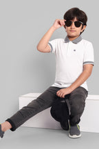 Boys Designed Collared Polo Tshirt White
