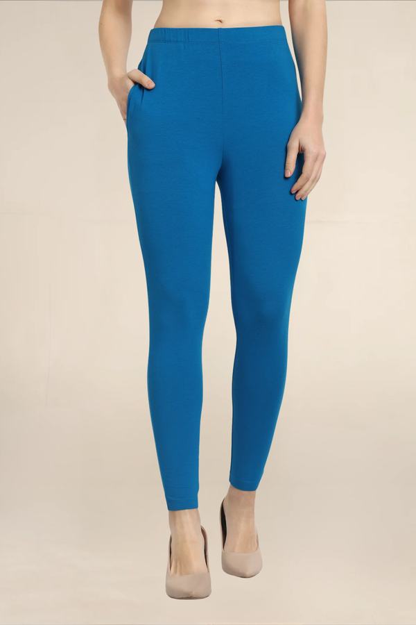 Women Turquoise Blue Ankle Length Pocket Legging