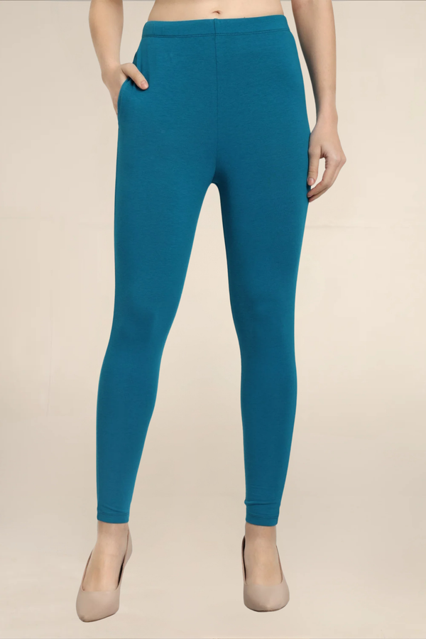 Women Teal Ankle Length Pocket Legging