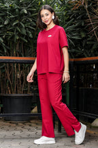 WOMEN ROUND NECK RED HALF SLV  CO-ORD SET