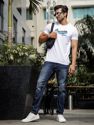 Mens Printed Round Neck White T-Shirt