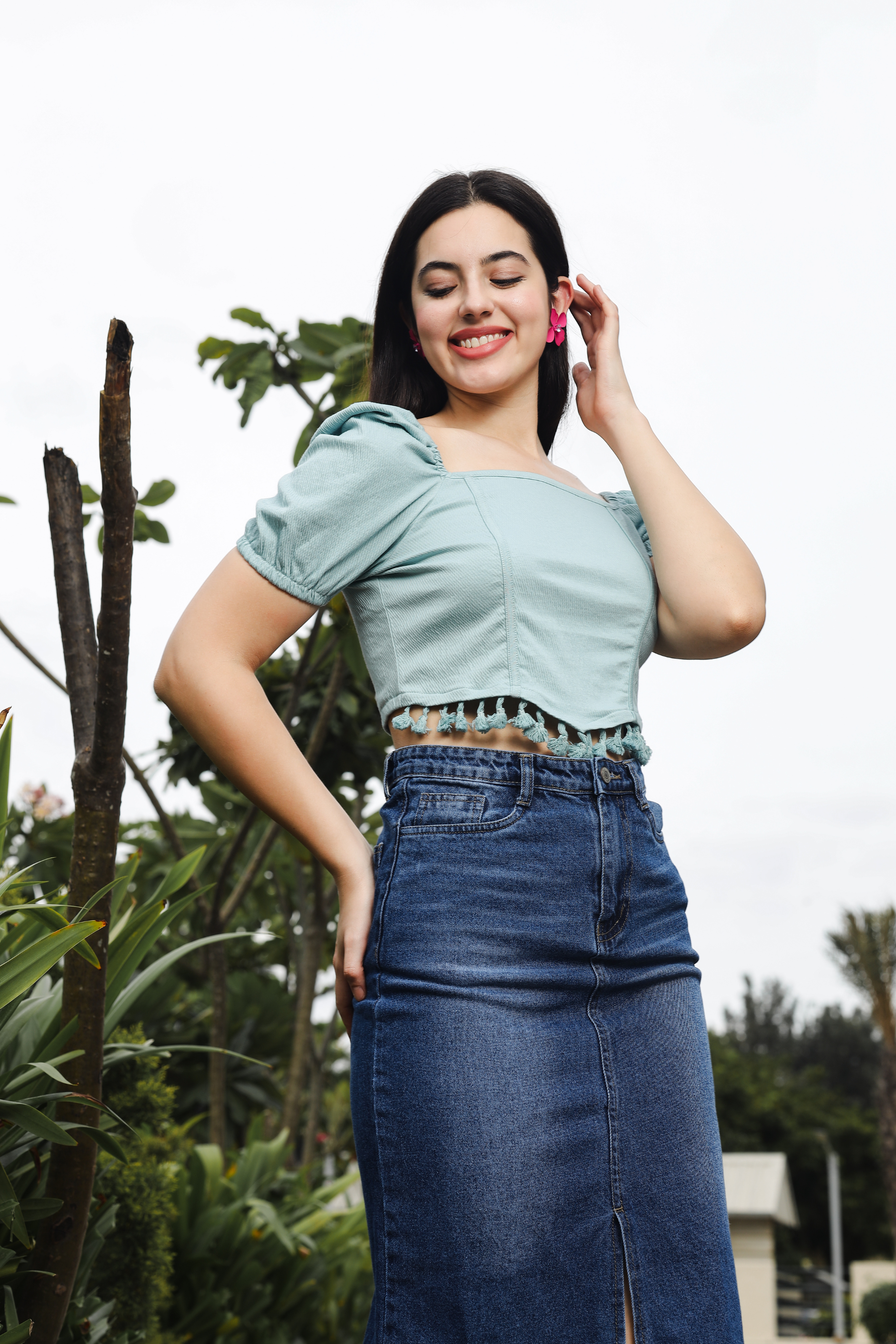 Womens Puff Sleeves Square Neck Crop Top with Tessles