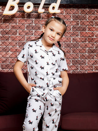 Printed Top & Pyjama Set for Girls, White