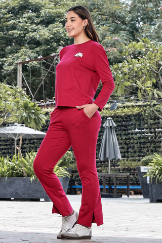 WOMEN ROUND NECK RED FULL SLV  CO-ORD SET