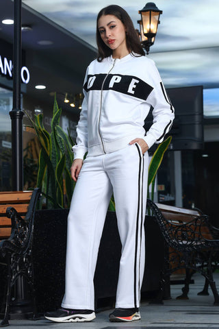ONE SKY Women's Striped & Typographic Tracksuit | Cotton Blend Co-ord Set with Zipper Mock Collar Jacket & Slip-On Pants | 4 Pockets
