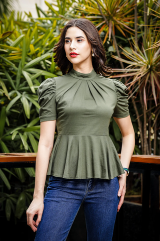 Womens Puff Sleeve Green Peplum Top One Sky
