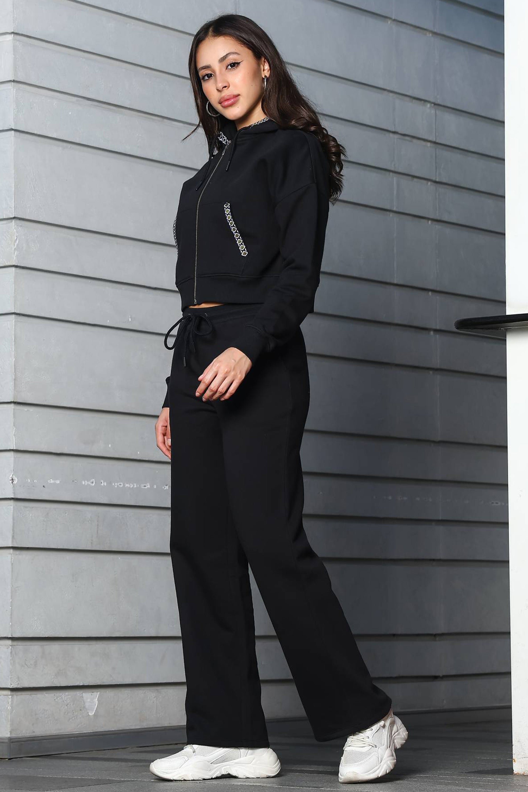 ONE SKY Women's Front Open Crop Tracksuit | Cotton Blend Co-ord Set with Hooded Zipper Top & Drawstring Pants | 4 Pockets