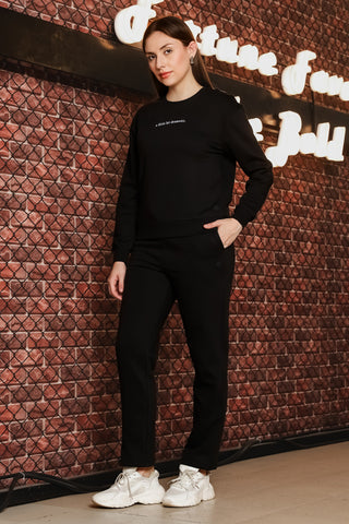 ONE SKY Women's Embroidered Round Neck Tracksuit | Cotton Blend Solid Co-ord Set with Drawstring Top & Slip-On Pants | 2 Pockets | Flat Front