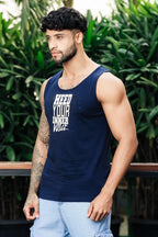 ONE SKY Men’s Cotton Printed Tank Top | Sleeveless Round Neck Casual Vest | Typography Print | Machine Wash
