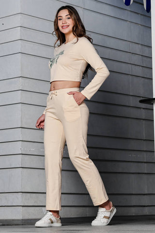 WOMEN ROUND NECK CREAM FULL SLV  CO-ORD SET