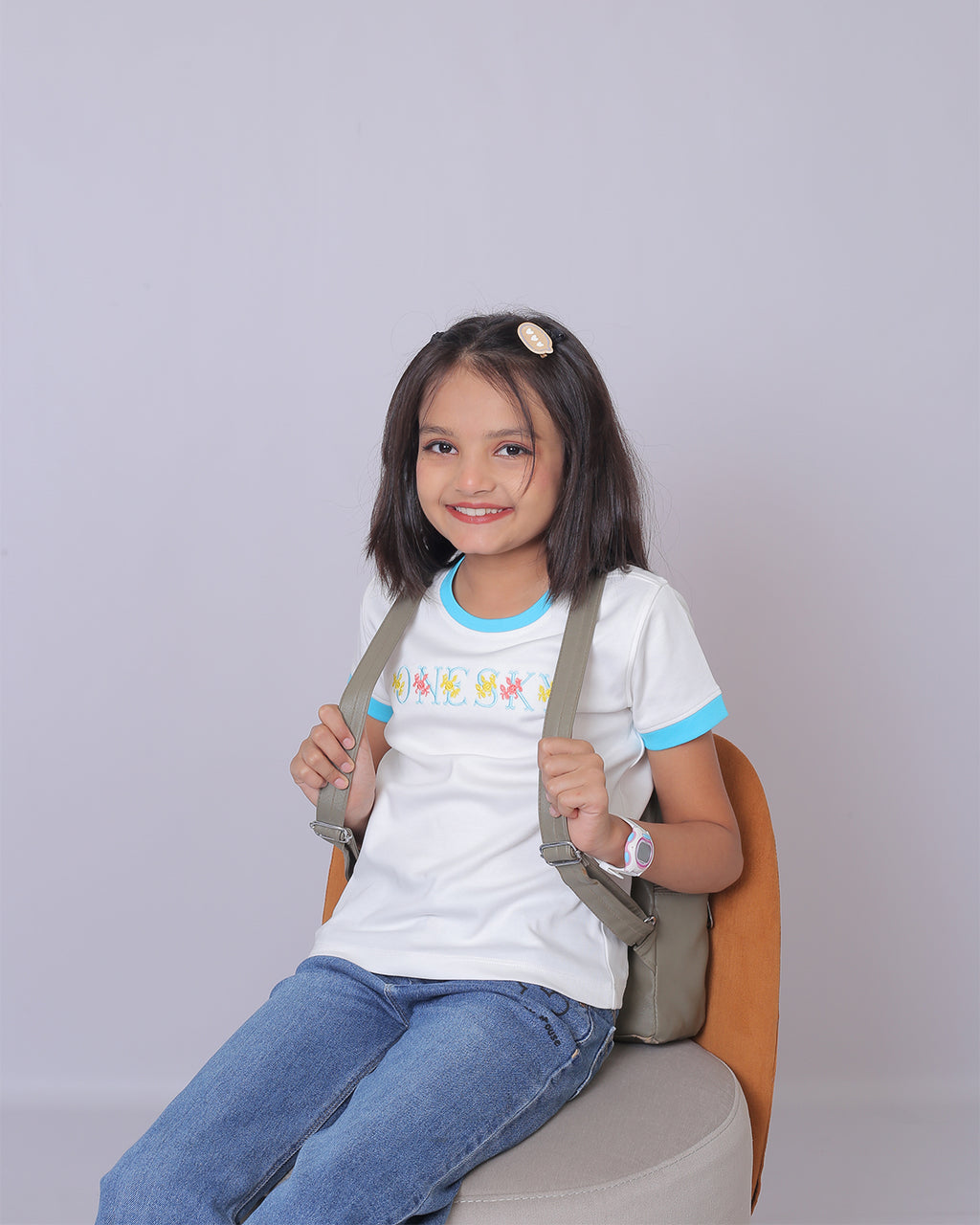 Girls White Round Neck T-Shirt