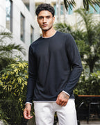 Men's Black Self Textured Full Sleeve Crew Neck T-shirt
