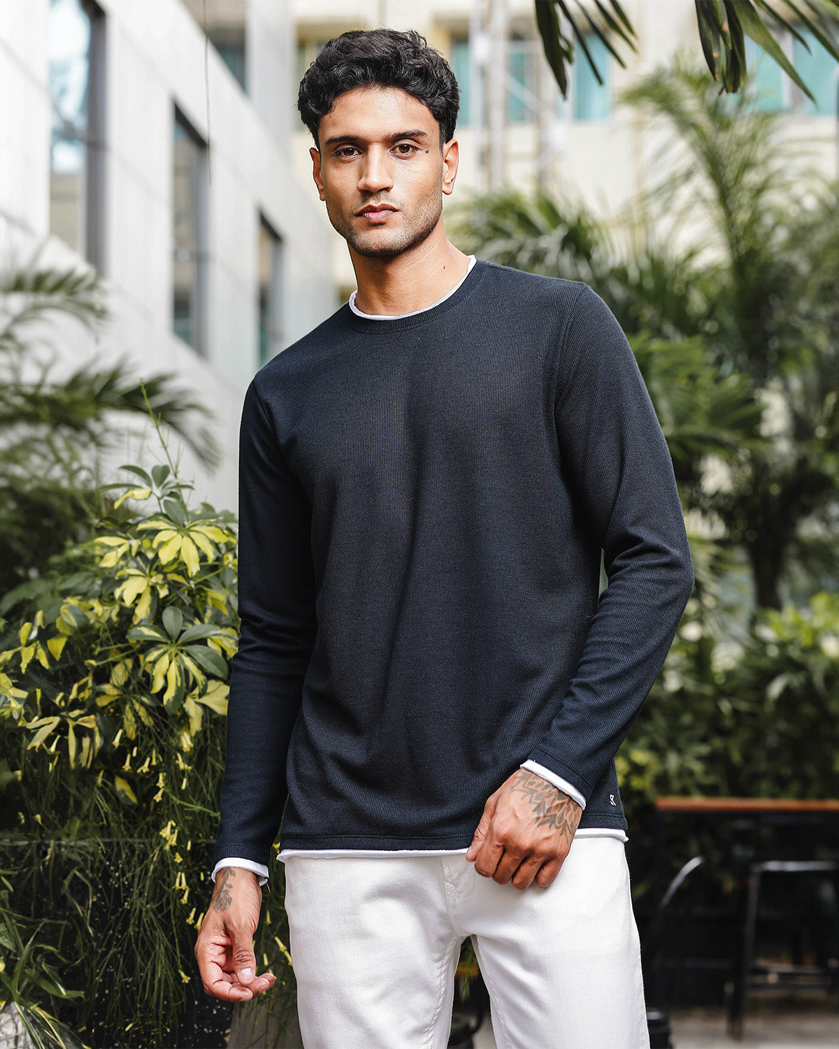 Men's Black Self Textured Full Sleeve Crew Neck T-shirt