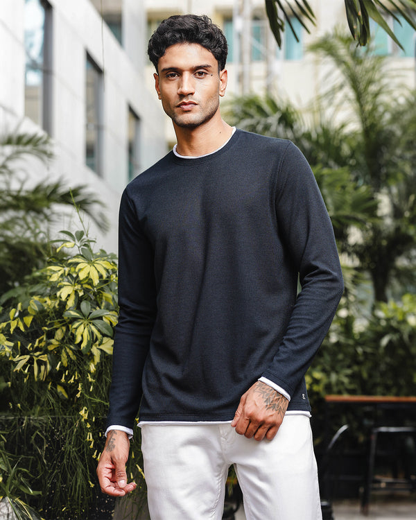 Men's Black Self Textured Full Sleeve Crew Neck T-shirt