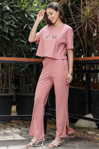 WOMEN ROUND NECK BROWN HALF SLV  CO-ORD SET