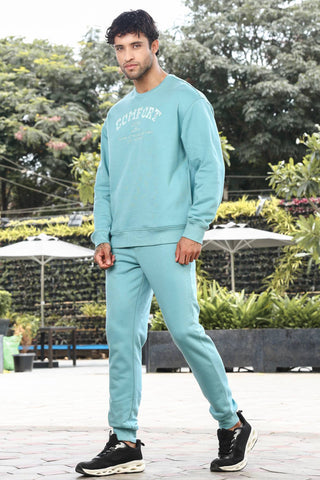 Men’s Embroidered Typography Tracksuit Set | Round Neck Long Sleeve Top & Slip-On Joggers | Cotton Blend | Mid-Rise Flat Front | 5 Pockets | Casual Athleisure Wear