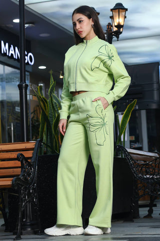 ONE SKY Women's Floral Printed Crop Tracksuit | Cotton Blend Co-ord Set with Zipper Mock Collar Top & Slip-On Pants | 2 Pockets