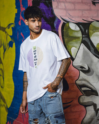 Men's Oversize Printed Round Neck Pure Cotton White T-Shirt