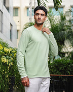 Men's Green Self Textured Full Sleeve Crew Neck T-shirt
