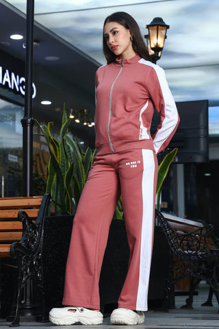 ONE SKY Women's Striped Typographic Tracksuit | Cotton Blend Zipper Jacket with Mock Collar & Drawstring Pants | 4 Pockets | Flat Front Design