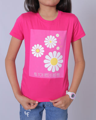 Girls Fuchsia Floral Printed T-Shirt