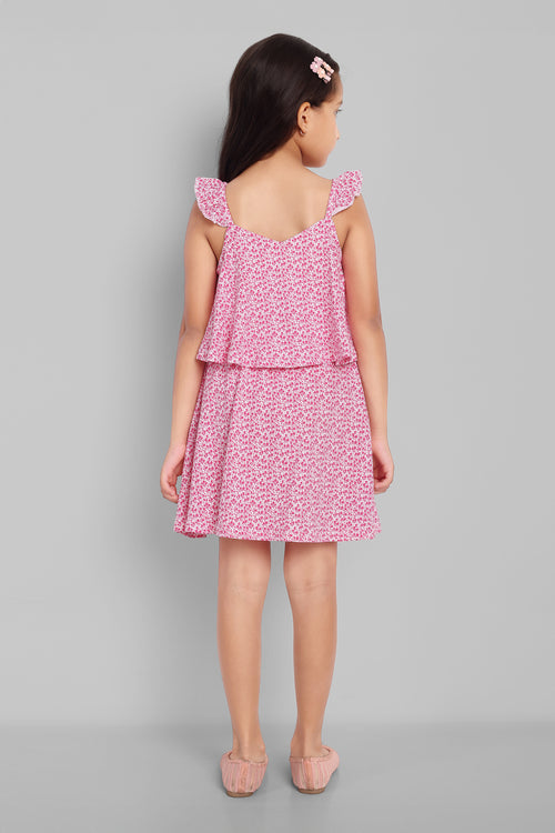 Girls Cotton Floral Print Sleeveless Pink Dress