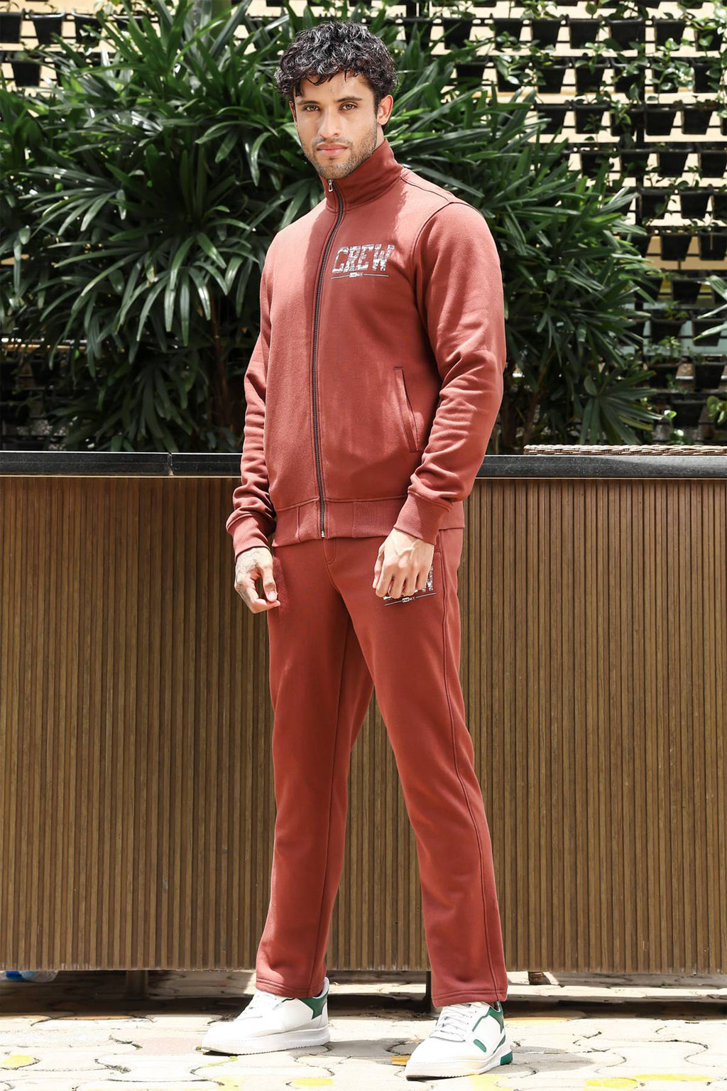 Men's Printed Tracksuit Set | Typography Print Cotton Blend | Mock Collar Zip-Up Top & Slip-On Joggers | Mid-Rise, 4 Pockets | Casual Athleisure Sportswear | Long Sleeves