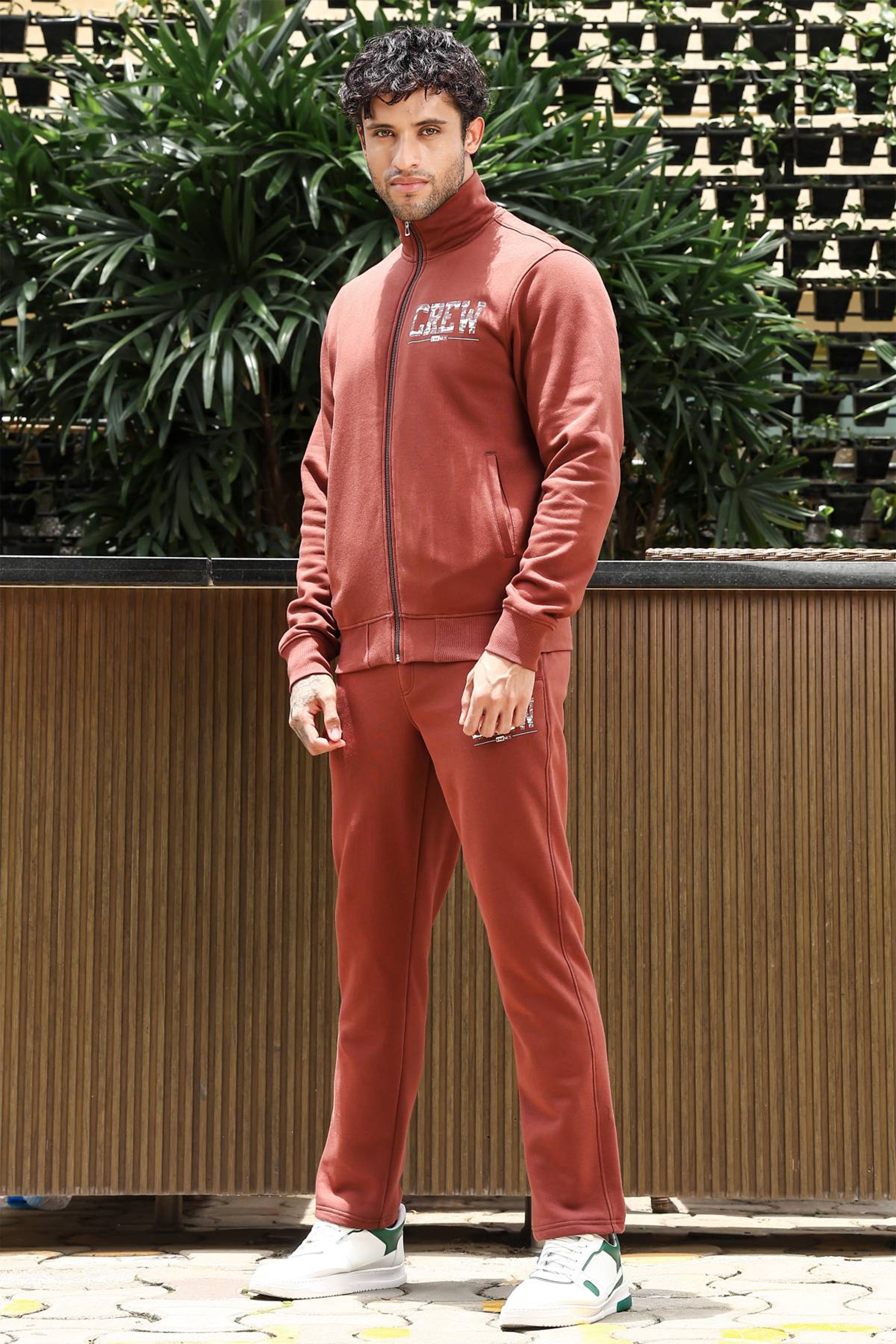 Men's Printed Tracksuit Set | Typography Print Cotton Blend | Mock Collar Zip-Up Top & Slip-On Joggers | Mid-Rise, 4 Pockets | Casual Athleisure Sportswear | Long Sleeves