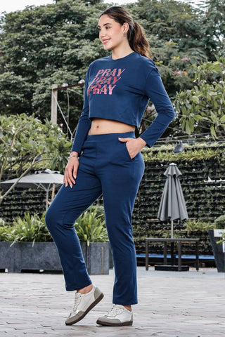 WOMEN ROUND NECK NAVY BLUE FULL SLV  CO-ORD SET