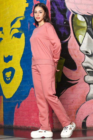 ONE SKY Women's Embroidered Round Neck Tracksuit | Cotton Blend Solid Co-ord Set with Drawstring Top & Slip-On Pants | 2 Pockets | Flat Front