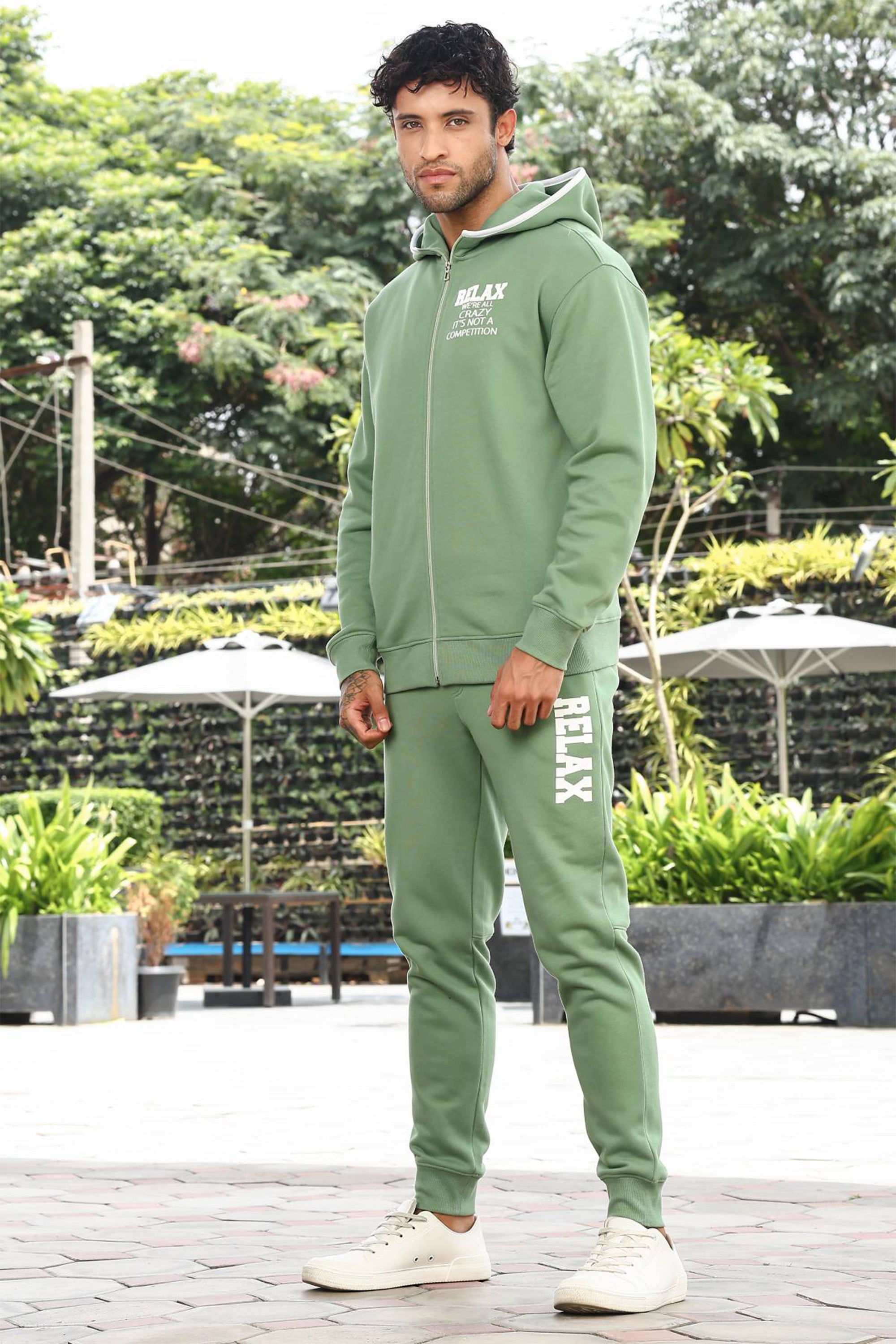 Men's Hooded Tracksuit Set | Typography Print Cotton Blend | Zip-Up Hoodie & Slip-On Joggers | Mid-Rise Fit | Long Sleeves | 4 Pockets | Casual Athleisure Streetwear