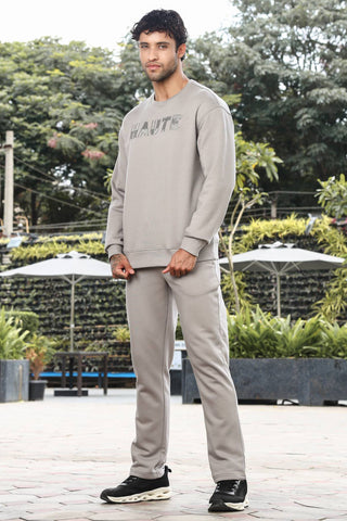 Men’s Embroidered Typography Tracksuit Set | Round Neck Long Sleeve Top & Drawstring Joggers | Cotton Blend | Mid-Rise Flat Front | 5 Pockets | Casual Athleisure Wear