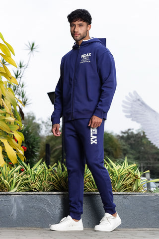 Men's Hooded Tracksuit Set | Typography Print Cotton Blend | Zip-Up Hoodie & Slip-On Joggers | Mid-Rise Fit | Long Sleeves | 4 Pockets | Casual Athleisure Streetwear