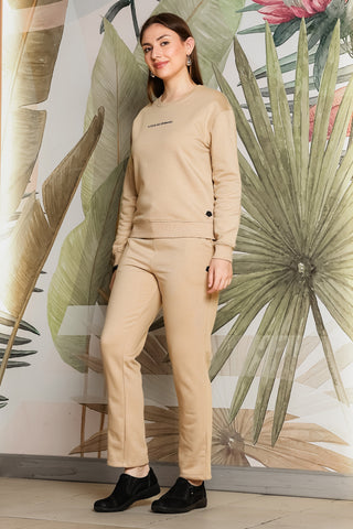 ONE SKY Women's Embroidered Round Neck Tracksuit | Cotton Blend Solid Co-ord Set with Drawstring Top & Slip-On Pants | 2 Pockets | Flat Front