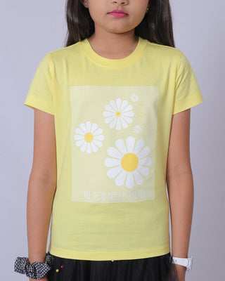 Girls Soft Yellow Floral Printed T-Shirt