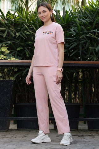 ONE SKY Women’s Cotton Spandex Half Sleeve Co-Ord Set – Printed Typography Round Neck Top & Mid-Rise Slip-On Bottom, Casual 2-Piece Loungewear, Machine Washable