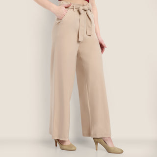 Women Beige Cotton Blend Trousers