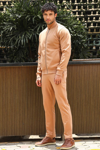 Men’s Solid Tracksuit Set | Stand Collar Zip-Up Jacket & Drawstring Joggers | Cotton Blend | Mid-Rise Flat Front | 4 Pockets | Long Sleeves | Casual Athleisure Wear