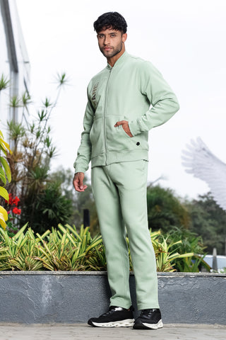 Men’s Typography Printed Tracksuit Set | Stand Collar Zip-Up Jacket & Slip-On Joggers | Cotton Blend | Mid-Rise Flat Front | 4 Pockets | Long Sleeves | Casual Athleisure