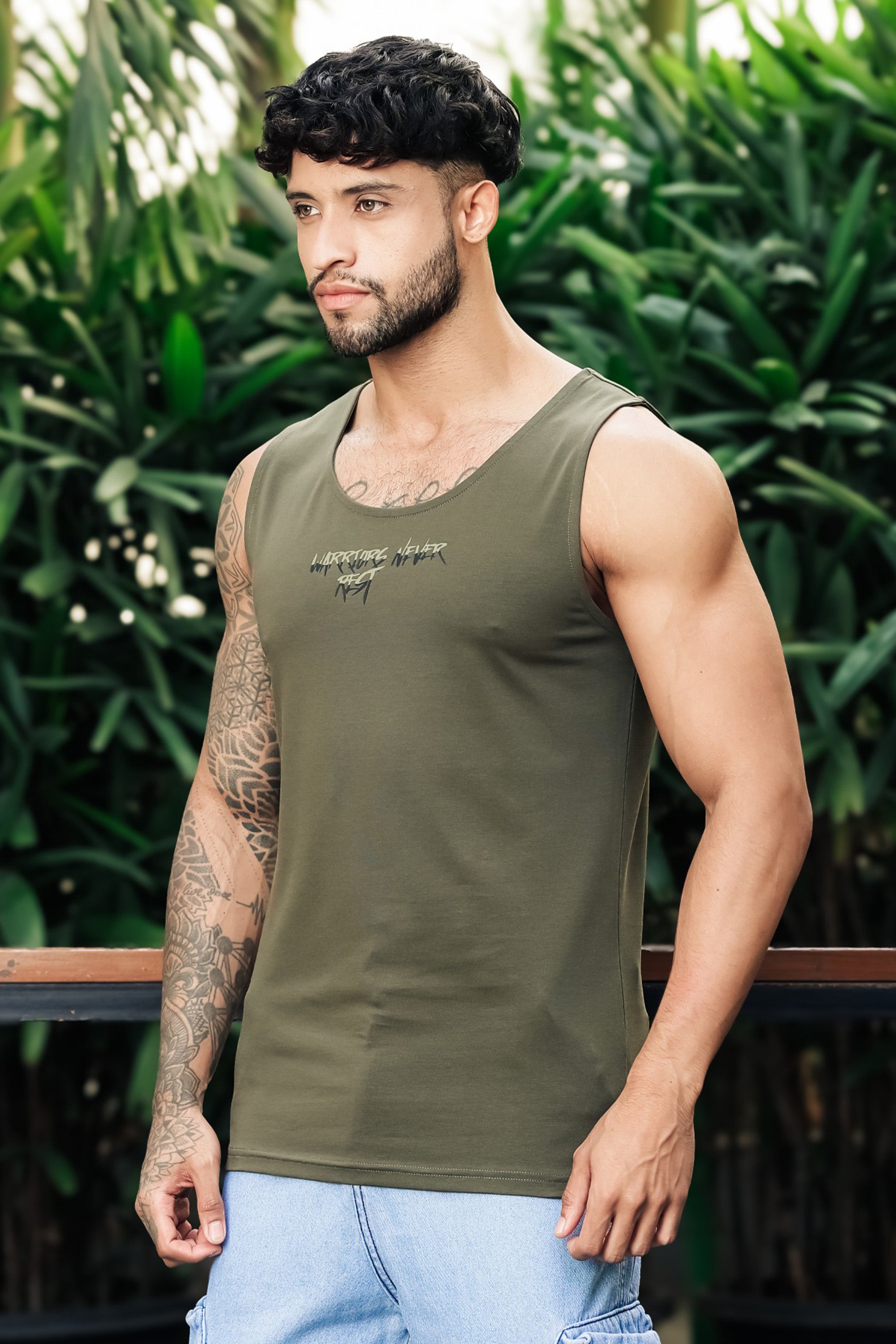 ONE SKY Men’s Cotton Spandex Printed Tank Top | Sleeveless Round Neck Casual Vest | Typography Print | Stretch Fabric | Machine Wash