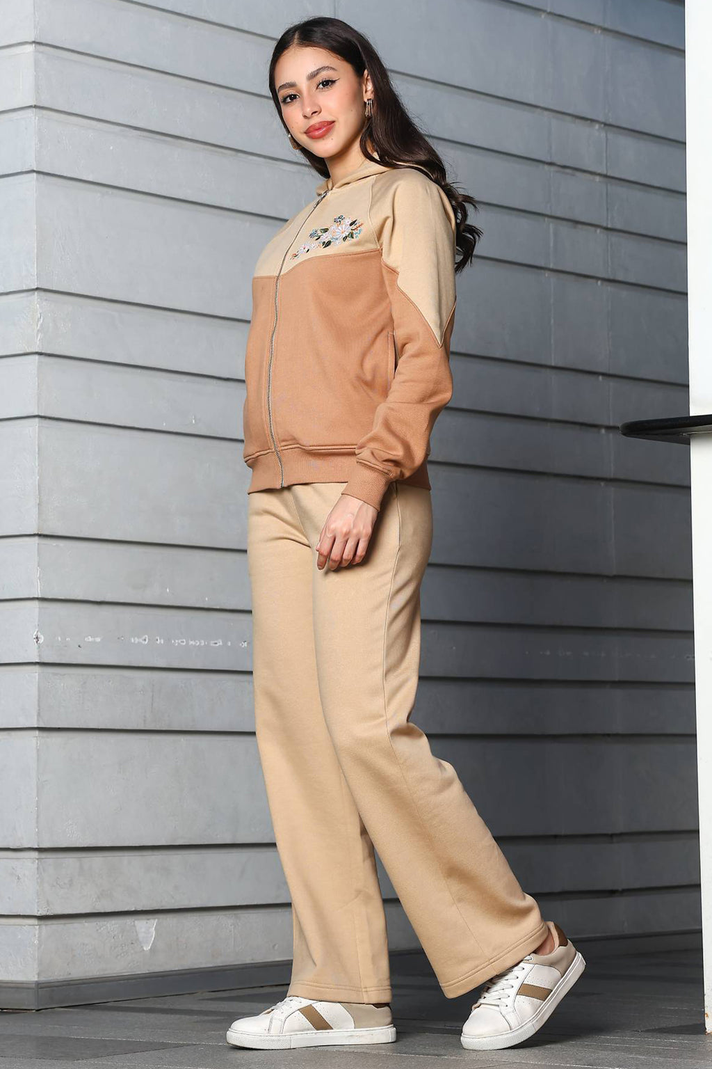 ONE SKY Women's Embroidered Colorblock Tracksuit | Cotton Blend Co-ord Set with Hooded Zipper Top & Drawstring Pants | 4 Pockets